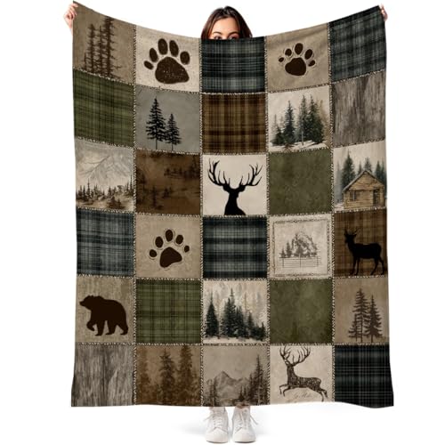 DEMCEAR Rustic Cabin Throw Blanket Wildlife Hunting Bear and Deer Plaid Patchwork Lodge Blankets Soft Cozy Flannel Fleece for Living Room Bedroom Couch Sofa Bed Camping 50x60 Inch