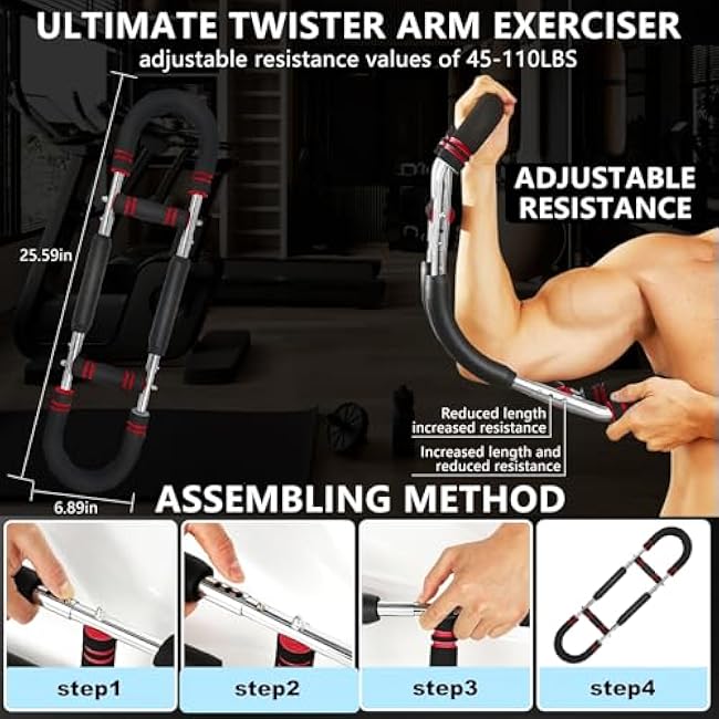 Twister Arm Trainer, Adjustable Chest Exerciser with 4 Spring, Detachable Power Twister Bar for Men Women, Portable Upper Body Strength Training Machine, Spring Resistance Fitness Equipment