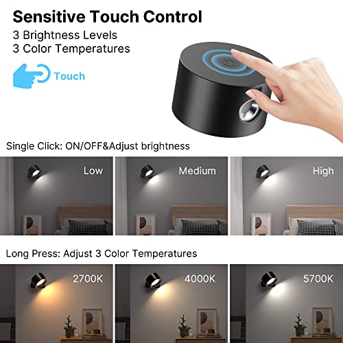 Image of LED Wall Light Indoor Pack of 2, 3 Brightness Levels, 3 Colour Modes, Bedside Lamp, 360 Rotating Touch Control Wall Lamps, Wall Lamp for Living Room, Bedroom, Hallway, Wireless Wall Lights (Black)