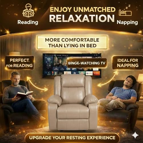 Image of Solis Royale 1 Seater Recliner Sofa Chair | Manual Recliner Lounge Sofa Chairs for Relaxing | Comfortable Cushioned | Living Room Bedroom Home, Office (Classy Calm - Beige, Classy Calm - Leatherette)