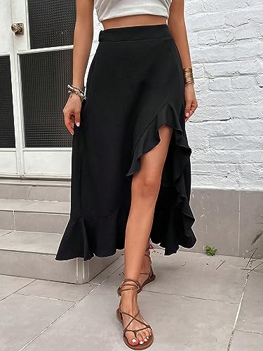 ELDINA Women's Summe Casual Maxi Long Skirt High Waist Ruffle Trim Slit Hem Skirt (Color : Black, Size : X-Small)4