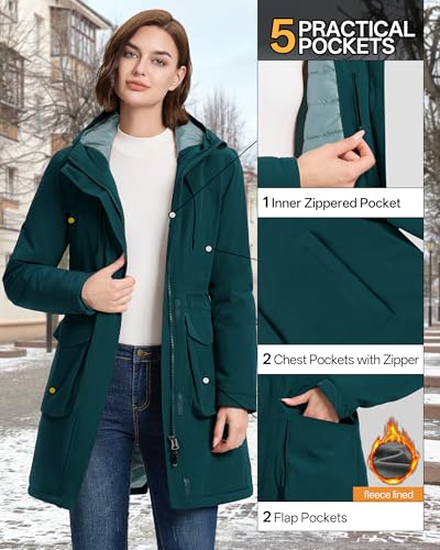33,000ft Damen Wintermantel Lange Warme Winterjacke Parka Regenjacke Verdickene Funktionsjacke Mit Kapuze Übergangsjacke Outdoorjacke, Petrol XS