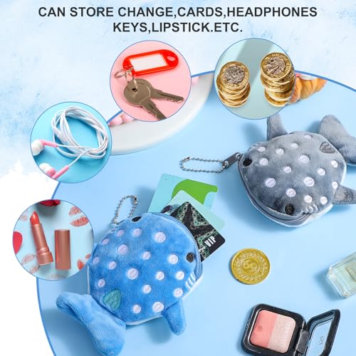 Cute Whale Shark Coin Purse, 2 PCS Small Kawaii Wallet with Zipper Keychain, Plush Cartoon Animal Embroidered Coin Pouch Mini Earphone Bag Funny Novelty Coin Purse for Women (Blue, Gray)4