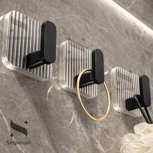 Image of Satpurush Luxury Acrylic Self Adhesive Wall Hooks | Heavy Duty Bathroom & Kitchen Hook | No Drill Waterproof Wall Hanger for Towels, Robes, Keys & Accessories (Black, Pack of4).