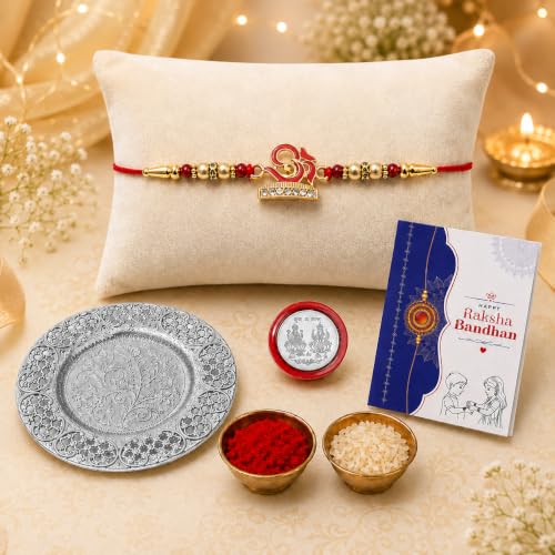 Image of Oblivion Rakhi Set for Brother - Om Design Rakhi for Brother with Silver Colour Pooja Thali, Pooja Coin, Kumkum Chawal & Greeting Card | Raksha Bandhan Gift Hamper