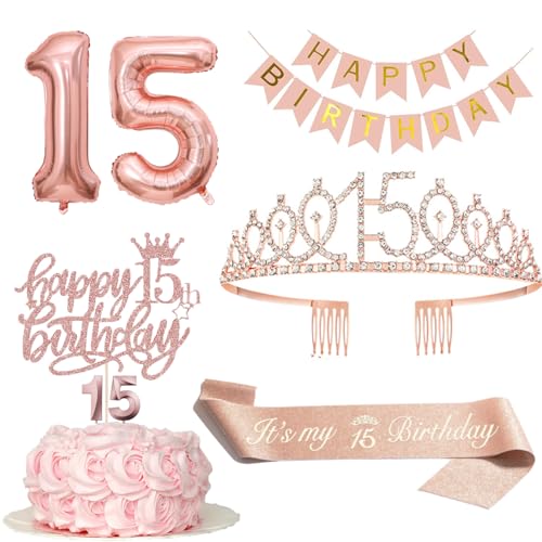 Decoração de aniversário para menina de 15 anos, coroa de aniversário e faixa de 15 anos, faixa de feliz aniversário, decoração para bolos e velas, balão de papel alumínio de ouro rosa 15, presente de