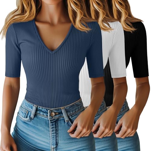 Riyiper Lot de 3 Hauts pour Femme à Manches mi-Longues Jusqu'au coude en Coton côtelé col en V Coupe ajustée(Noir, Blanc, Bleu Brume,M)