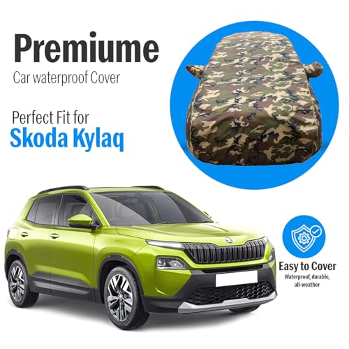 Image of Autofact Skoda Kylaq Waterproof Car Cover, Jungle Print 4x4 American Matty, All-Weather Protection, Triple-Stitched, Windproof with Buckle Belt, Dustproof & Scratchproof, UV Resistant- Gold