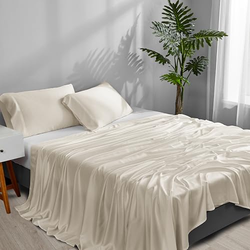 ACCURATEX Cooling Sheets Queen Size - 100% Viscose Made from Bamboo, Luxury Cool Silky Sheet Set for Queen Size Bed, Super Soft Breathable Bedding Sheets up to 16 inches Deep Pockect, Beige