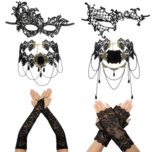 Fumwase 6 Pcs Eyemask Set Party Mask Set for Women Black Lace Eyemask Necklace Gloves Set Cosplay Halloween Accessories (Fashion)