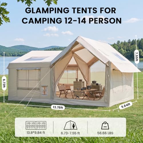 Image of Inflatable Tents for Camping, Blow Up Tent with Hand Pump, Easy Setup Inflatable Hot Tent with Stove Jack, Waterproof Oxford Air Glamping Tents for Camping Adult 4 /6 /8 /10 /12 Person Upgrade Version