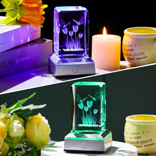 Image of Ornalrist Tulip Gifts for Women: Crystal Engraved Tulip with Light Base for Mom, Lady, Girl, Friend, Home Office Decor