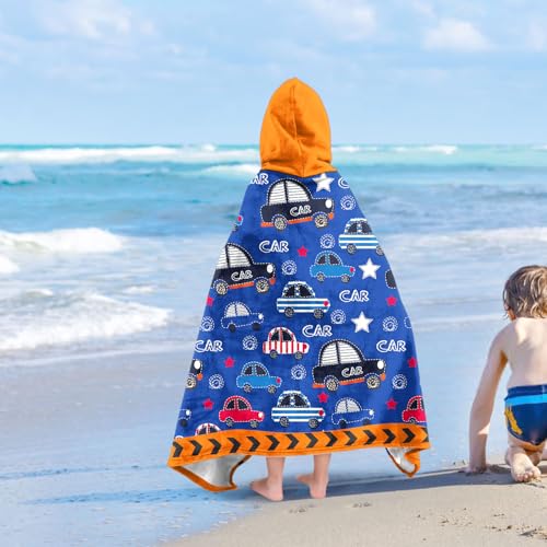 Image of Engineering Vehicle Boys Beach Towel with Hoodie for Kids Toddlers Age 4-8,Car Blue Bath Towels Shower Wrap for Boys, Hooded Poncho Beach Blanket for Pool Swimming Cute Wearable Bath Towel for Child