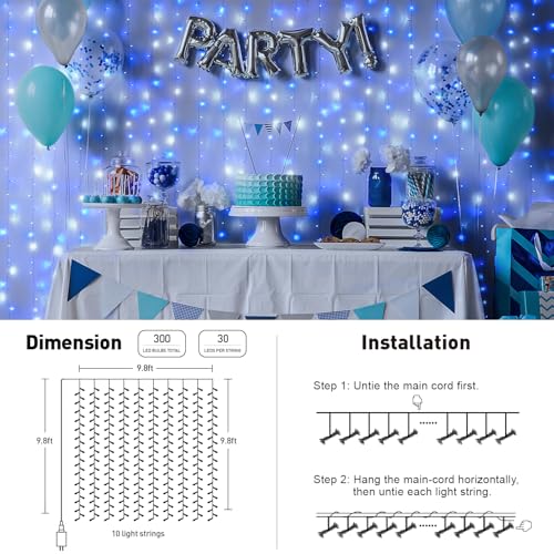 Image of JMEXSUSS 300LED Christmas Curtain Lights Plug in, Blue and White, 9.8x9.8ft
