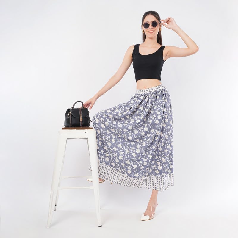 Rabhika Women’s White Floral Patterned Pure Cotton Panel Maxi Skirt, Comfortable Long Skirt for Party & Casual Wear| 2XL 1