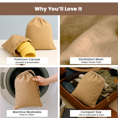 Image of LFH Cotton Rich Shoe Storage Bags with Drawstring, Dustproof Breathable Reusable Organizer, Perfect For Travel, Dorm, Hotel, College, Gym, Easy to Carry, Machine Washable 12 inchx17 inch (Pack of 2) - Beige