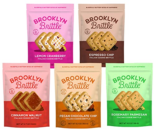 Brooklyn Brittle Deluxe Variety Bundle – Sweet & Savory Cookie Brittle|Italian Cookie Brittle|Flavors-Cinnamon Walnut, Espresso Chip, Lemon Cranberry, Pecan Chocolate Chip, Rosemary Parmesan Pack of 5