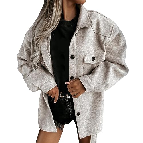 XUNRYAN Womens Trench Coat Fashion Shacket Jackets Wool-Blend Casual Button Shirt Blouse Jacket Trendy Peacoat Overcoat