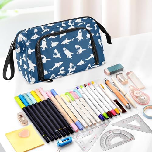 Image of Sharks Blue Print Pencil Case Pouch Big Capacity Pencil Bag Box Organizer Pen Case with Compartmens Stationery Organizer for Girls Boys Women School College Office