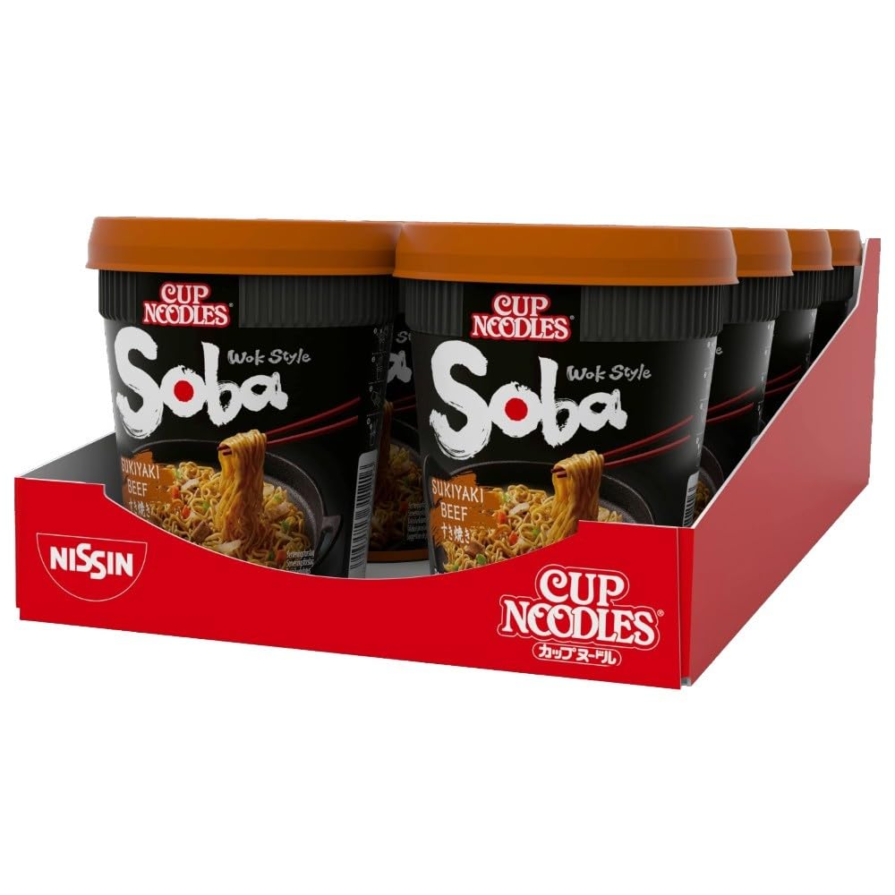 NISSIN Cup Noodles Soba Wok Style Sukiyaki Beef Flavoured Instant Noodles, 89 g Pot (Pack of 8)