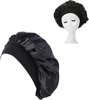 Touca de Cetim Gorro de Seda Touca de Cabelo, Gorros de Cabelo Preto Borda Larga Alta Elasticidade Touca de Dormir para Bandana Touca de Dormir para Mulheres Cabelos