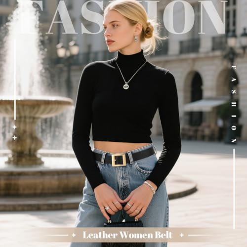 WHIPPY Women Fashion Leather Belt for Jeans Pants Dress Ladies Black Belts with Square Gold Buckle2