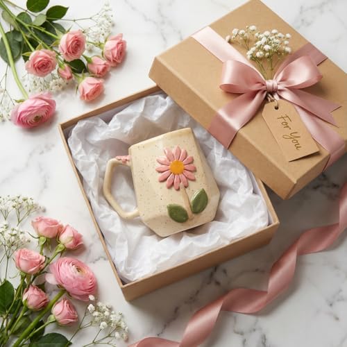 Image of Handmade Ceramic Mug 3D Daisy Flower Design Coffee Tea Cup 240 ml Gift for Coffee Lovers Kitchen Decor (Pink /Light Blue /Yellow /Grey) (Creamish Yellow /Off-White)