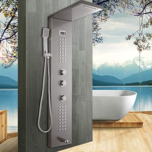 CAFIEDR Columna de Ducha de baño Gris Oscuro montada en la Pared, Ducha de Mano de una manija, caño de bañera, Sistema de Masaje, Panel de Ducha