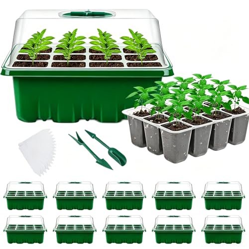 HEEGFF Seed Trays Pack of 10 120 Cell Plant Germination Trays Plant Propagator Set with Lid and Ventilation Seedling Starter for Greenhouse & Gardens
