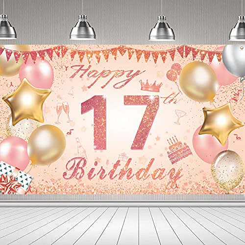 KAINSY 17 cumpleaños pancarta de oro rosa, 17 cumpleaños, decoración para niñas, tela extra grande feliz 17 cumpleaños fondo pancarta cartel cartel fondo decoraciones para 17 años niñas cumpleaños