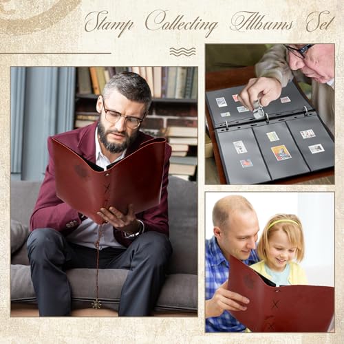 Image of Stamp Collecting Album Binder Kit for Collectors, 1 /2 /3 /4 Rows Banknotes Storage Book with 20 Stamp Pages, 4 Ring Binder, Tweezers and Magnifier, for Paper Money Bill Postage, Beginner Hobbyists Gift
