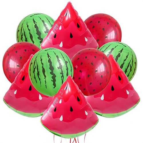 Image of 10Pcs Watermelon Foil Balloons/Watermelon Latex Balloons Green Red/Red Green Watermelon Seed Balloon/Watermelon Theme Birthday Party/Cartoon Fruit Foil Balloons for Summer Party/Baby Shower