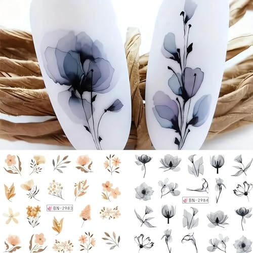 SINSEN 12 Designs Ink Flower Nail Art Stickers Leaves Daisy Lavender Floral Pattern Water Transfer Nail Decals Spring Summer Nail Designs Blossom Flowers Nail Art Decorations for Women Girls - Image 5