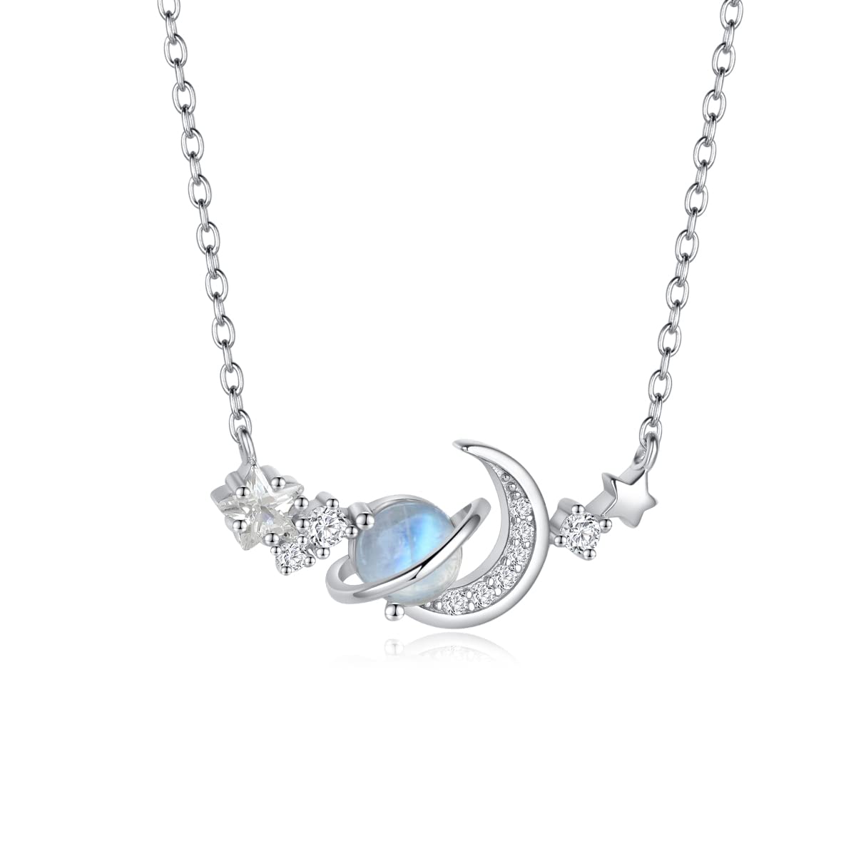 AngolMoonstone Necklace 925 Sterling Silver Moon Star Planet Necklace for Women Crescent Moon Necklace Moonstone Jewelry Birthday Gifts for Women Girls, Sterling Silver, Moonstone