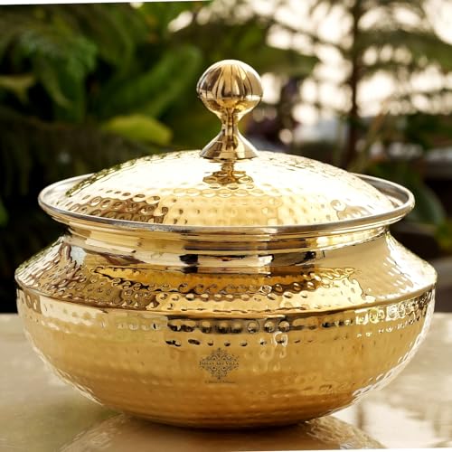 Image of INDIAN ART VILLA Brass Handi for Cooking with Tin Lining Inside, Degchi /Sipri, Ideal for Biryani, Cooking & Serving, Premium Brass Utensil, Volume - 15000 ml