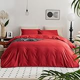JELLYMONI Red Duvet Cover Queen Size - 100% Washed Cotton Linen Like Textured Comforter Cover, 3 Pieces Breathable Soft Bedding Set with Zipper Closure (Red, Queen 90'x90')