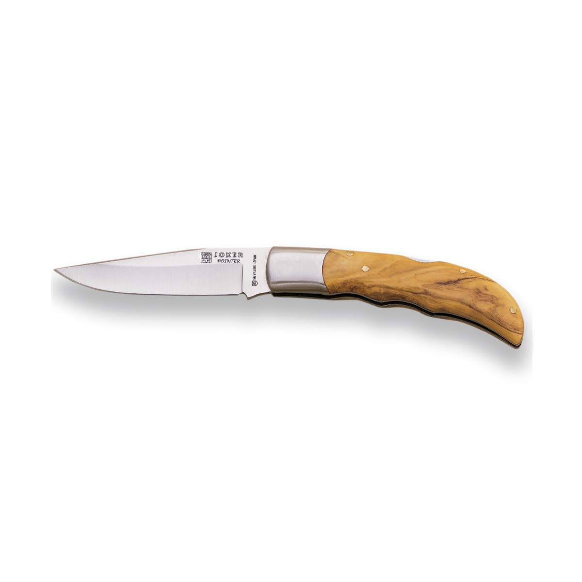 Joker Navaja artesana Pointer NO08, con cachas de Olivo, virola INOX, Hoja MOVA de 9,5 cm, Herramienta de Pesca, Caza, Camping y Senderismo