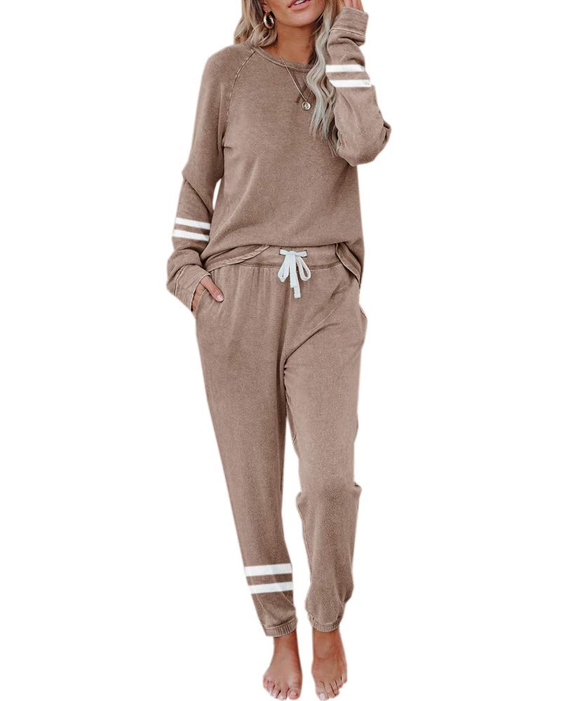 Women's 2 Piece Outfits Set Color Block Long Sleeve Pullover and Drawstring Sweatpants Loose Sweatsuit Sets