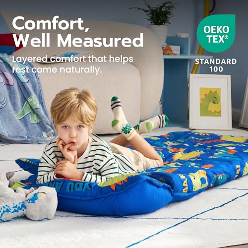 Image of JOIEDOMI Toddler Sleeping Bag for Kids 55''x30'' Nap Mat with Removable Pillow and Minky Blanket for Toddler Ages 3-7 Roll Up Soft Kids Sleeping Bag for Boys Girls Kindergarten Daycare Sleepover