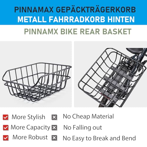 PINNAMAX Fahrradkorb groß Hinten für Gepäckträger,Fahrradkorb mit Netz und Abdeckung,Schwarz