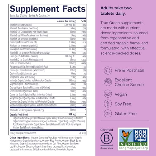 Image of True Grace Prenatal Multivitamin - 30 Servings - Supports a Healthy Mom & Baby with Methylfolate & Choline for Fetal Brain Development - Gluten Free, Soy Free - 60 Vegan Tablets
