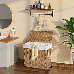Greenstell Laundry Hamper with WheelsLid 140L Large 3 Sections Clothes Hamper with 2 Types Removable Liner Bags 5 Mesh Laundry Bags Handwoven Divided Laundry Basket for Clothes Natural