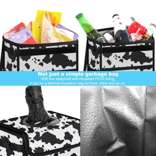 Image of Femuar Leak Proof Car Trash Can with Lid, Collapsible Hanging Waterproof Car Trash Bag with Mesh Pocket for SUV Front Seat Headrest, Large /Cow Print