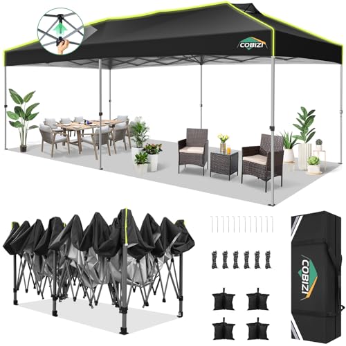 Image of COBIZI 10x20 Pop Up Canopy Tent Without Removable Sidewalls, One Push Party Tent Outdoor Waterproof Event Canopy with Air Vent for Parties Commercial Wedding, 3 Height, Carry Bag, Sandbag, Black