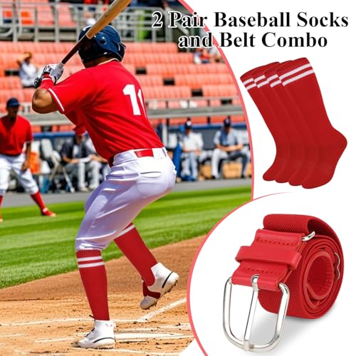 2 Pair Baseball Socks and Belt Set with Stripes for Youth Adult Softball Socks Men Youth Strenchy Baseball Belt Combo4