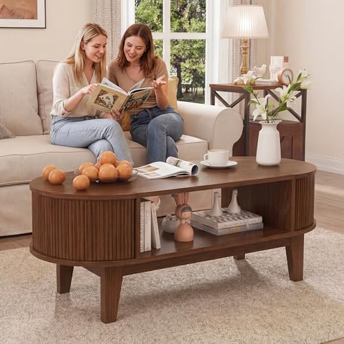 Table Basse Ovale Moderne,tables basses de salon en Noyer Table Basse Bois avec Compartiments de Rangement Industriel Table Basses Design Scandinave pour Salon...