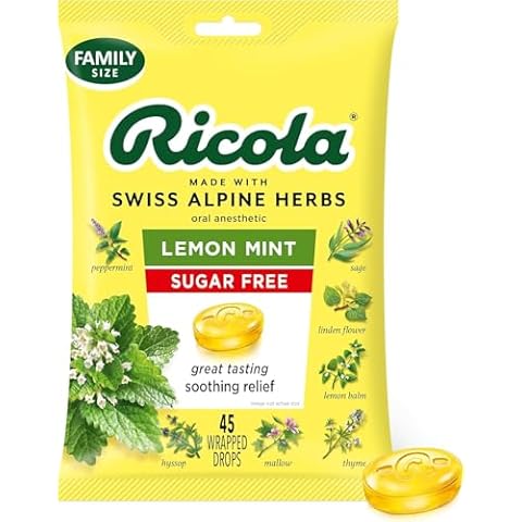 Ricola Sugar Free Lemon Mint Throat Drops, 45 Count, Refreshing Relief From Minor Throat Irritations, Oral Anesthetic Cover