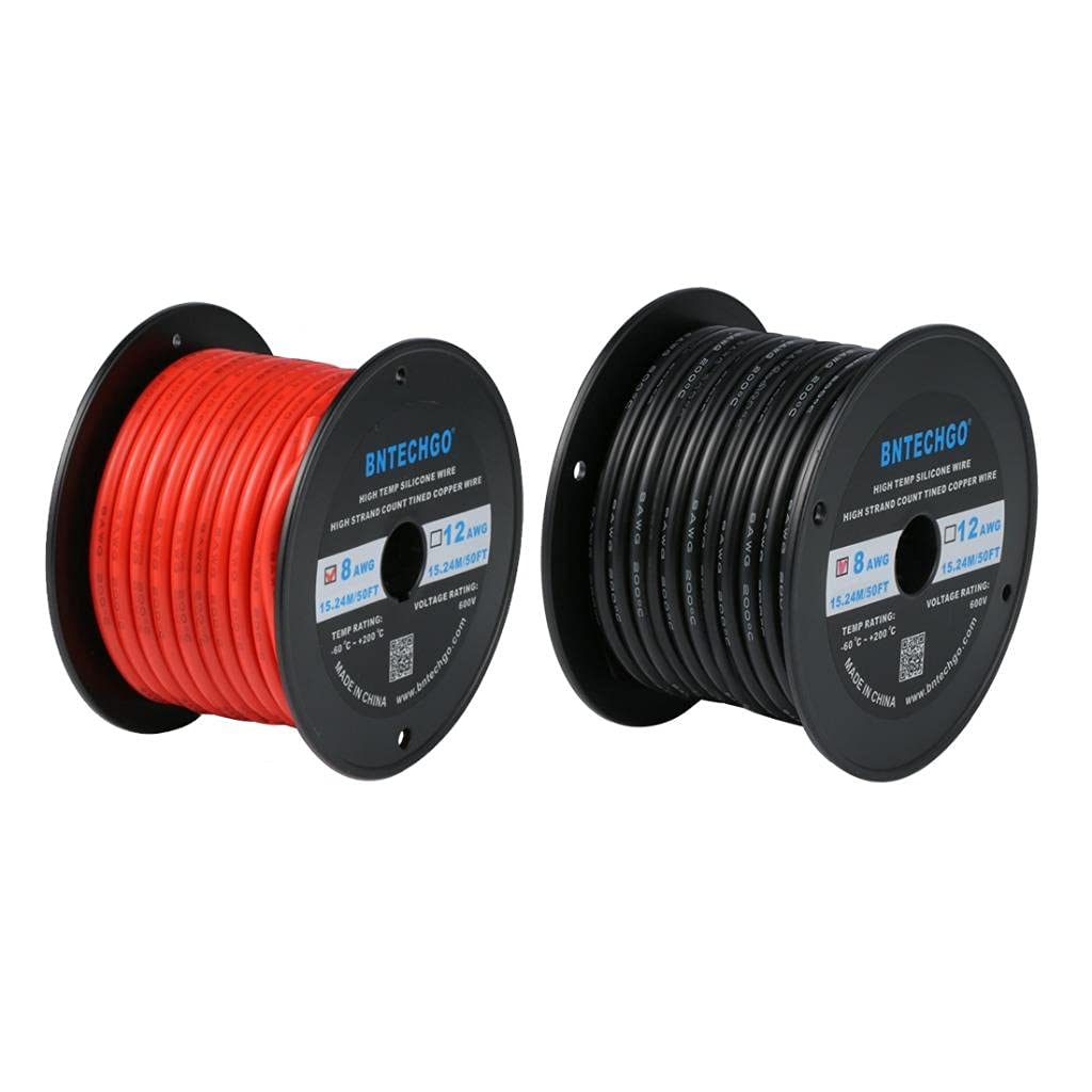 BNTECHGO 8 Gauge Silicone Wire Spool Red and Black Each 50ft Flexible 8 AWG Stranded Copper Wire