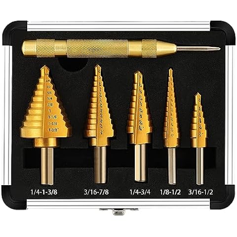 COMOWARE Step Drill Bit Set 5-Piece Titanium-Coated with Automatic Center Punch - Short Length, Double Cutting Blades, High-Speed Steel - Covering 50 Sizes, Complete with Aluminum Case Cover