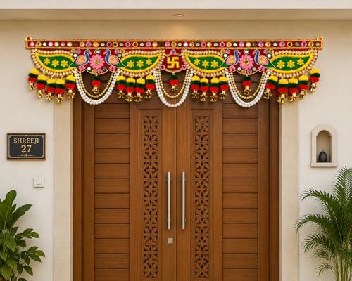 Image of ONESTA Handcrafted Designer Door Toran Bandhanwar with Peacock Swastik & Mirror Work | Traditional Main Door Hanging with Pearl Chains Bells & Pom Pom Tassels | Diwali Pooja Temple & Home Entrance Decoration 3 Feet 36 Inch Pack 01